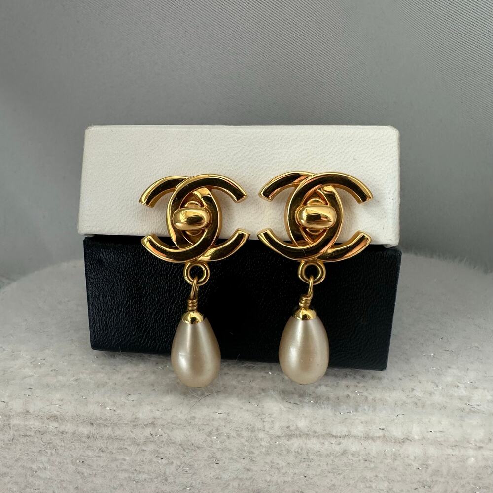 Chanel 96A Vintage CC Logo Gold Tone Turn Lock Faux Pearl Drop Clip-On Earrings